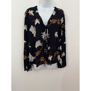 Cupcakes and Cashmere Blouse Floral Navy Blue V Neck Bell Sleeve Office Size M